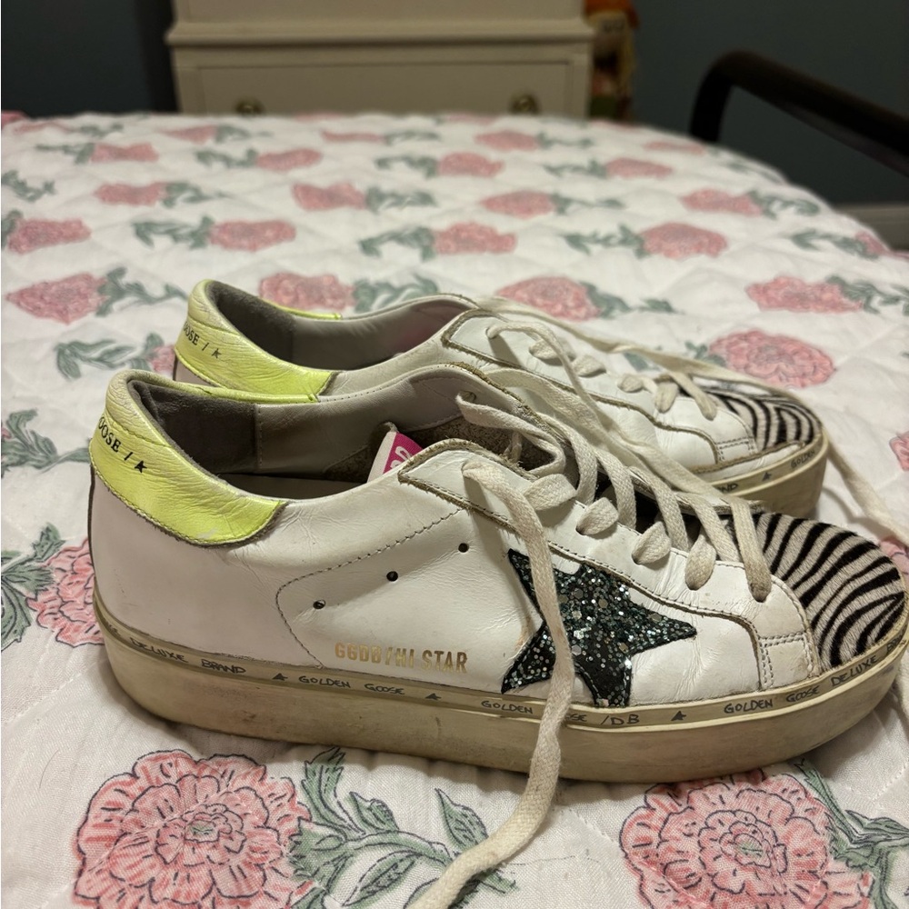 Golden Goose White and Neon Yellow Sneakers with zebra size 37